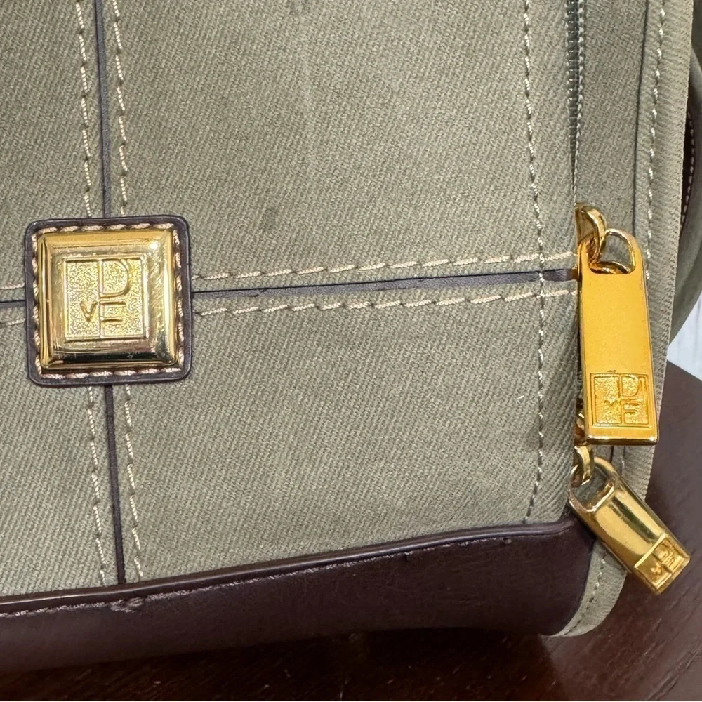 Diane Von Furstenberg Olive Green Tweed and Brown leather WoMen's Train case Bag